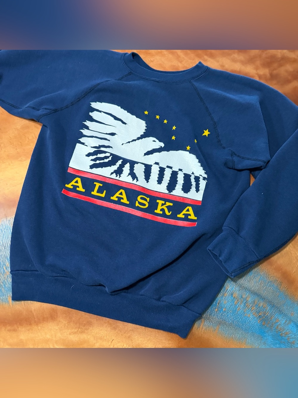Vintage 80s Discus Alaska Graphic Crewneck Sweatshirt Navy Eagle Flag dipper L